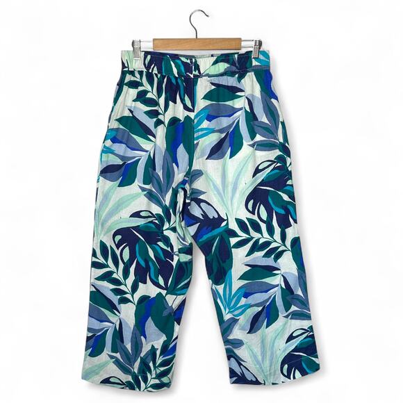 C&C California Wide Leg Cropped Linen Pants Size M Green Blue Tropical Leaf Pant - Picture 3 of 7